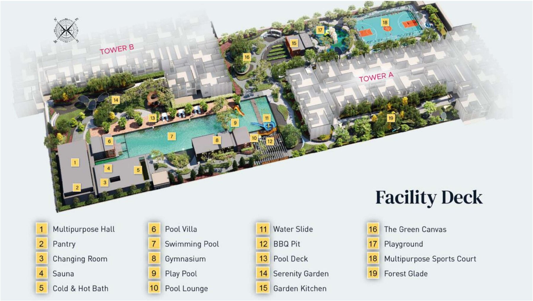 Parkland By The River Facility Deck Plan — Tower A and Tower B with all 19 numbered amenities