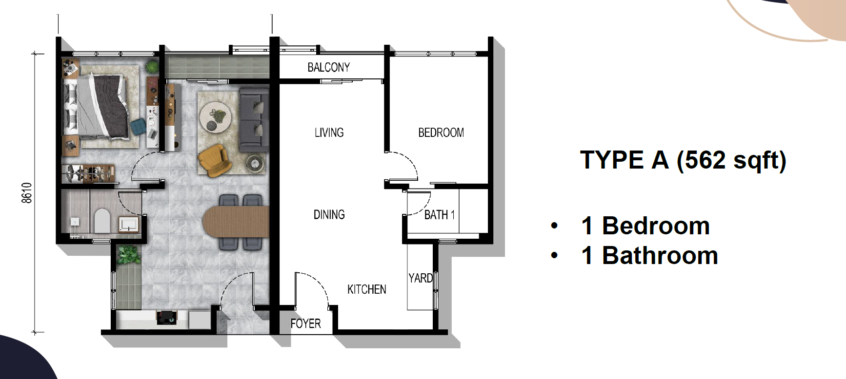 Type A (562 sqft) 3D floor plan — 1 Bedroom & 1 Bathroom